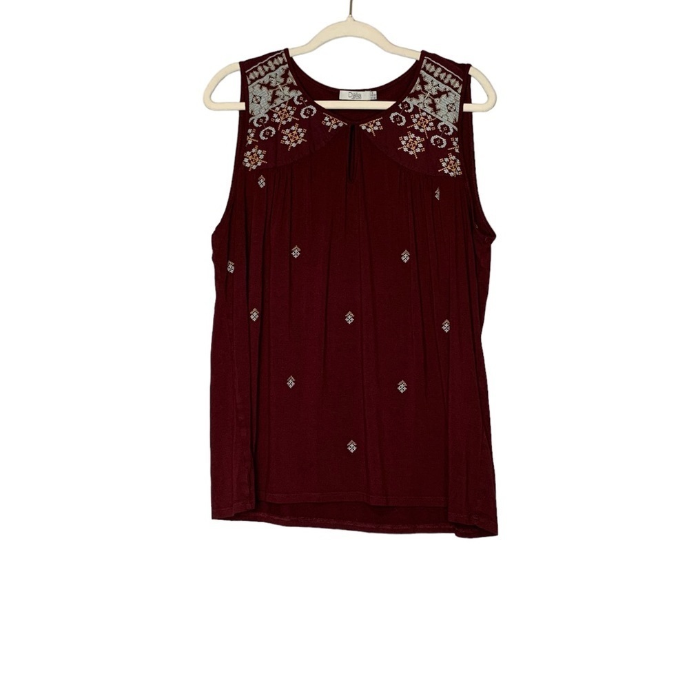 Dahlia burgundy embroidered boho sleeveless blouse. Size XL
